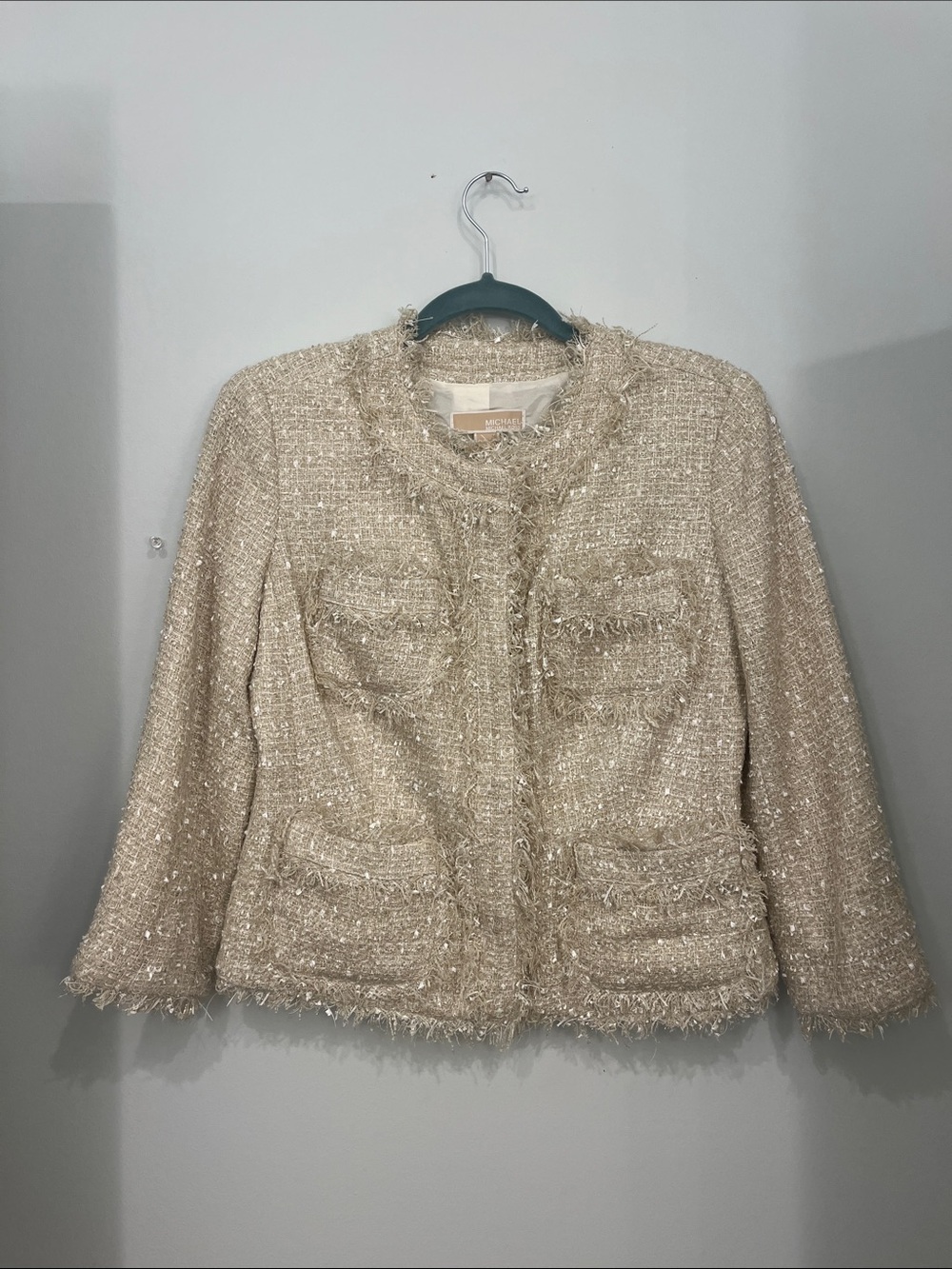 MICHAEL Michael Kors Cream Metallic Tweed Fringe Jacket